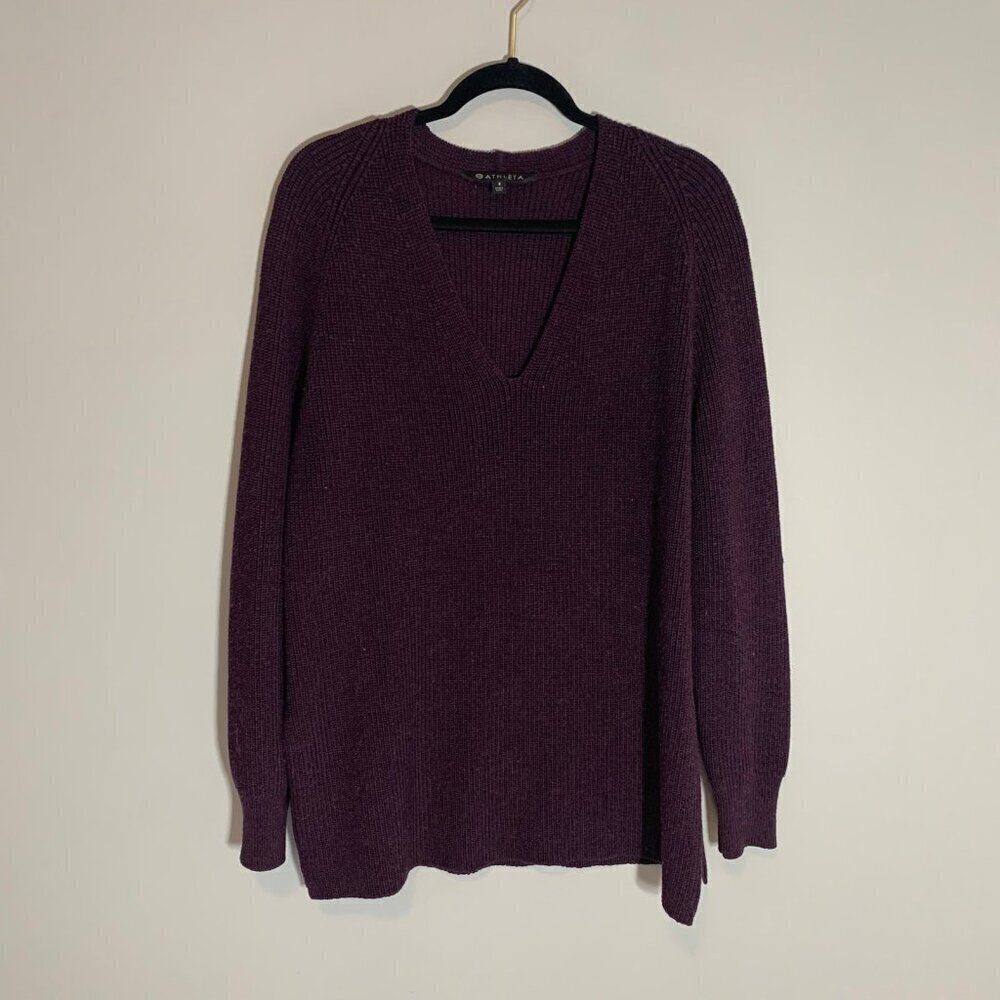 Athleta V-Neck Shaker Stitch Sweater Womens S Purple Raglan Long Sleeve Slit Hem